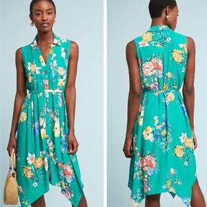 Anthropologie Maeve Asymmetrical Green Floral Dress